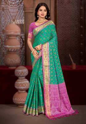 emerald green patola silk blend woven work traditional saree 1