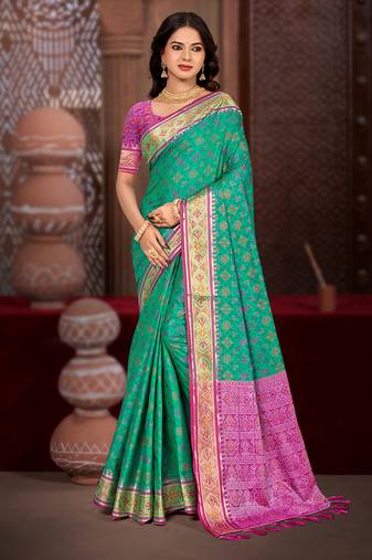 emerald green patola silk blend woven work traditional saree