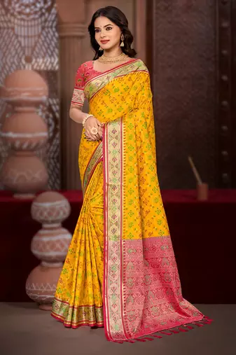 yellow patola silk blend woven work traditional saree