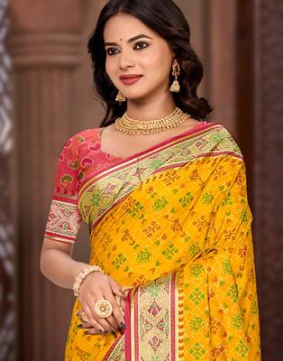 yellow patola silk blend woven work traditional saree 2