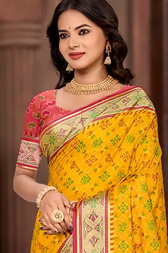 yellow patola silk blend woven work traditional saree
