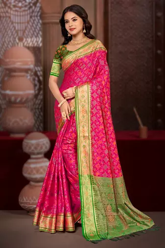 rani pink patola silk blend woven work traditional saree