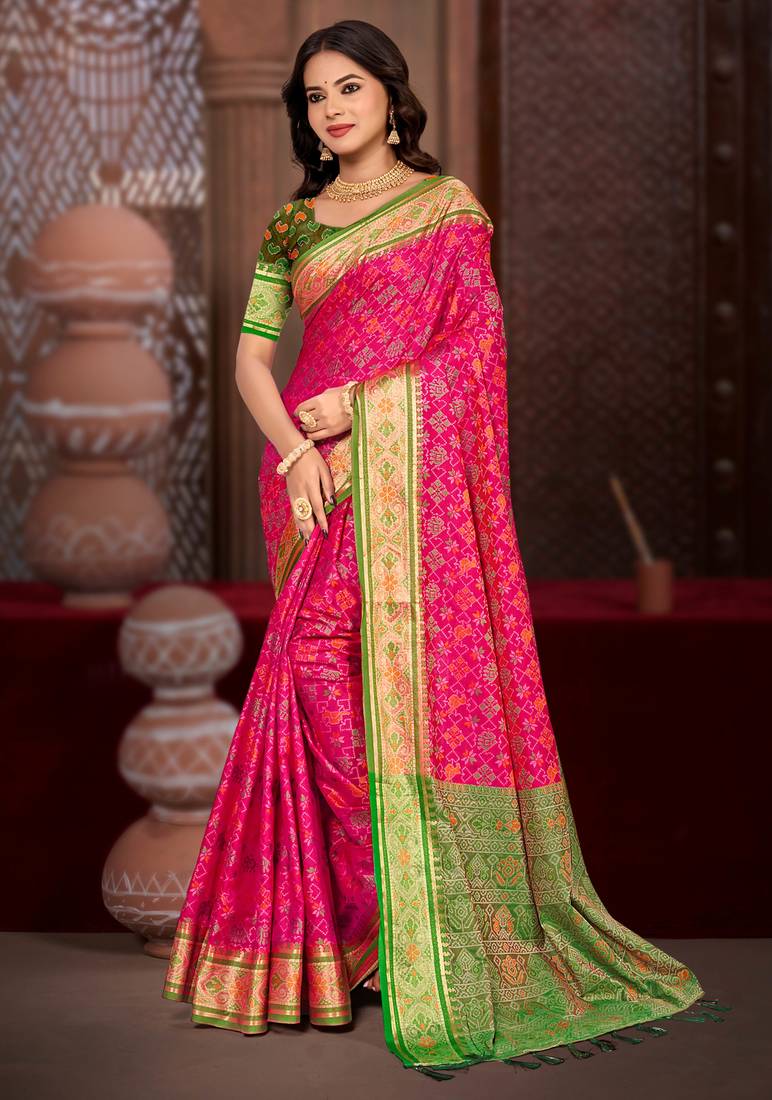 rani pink patola silk blend woven work traditional saree