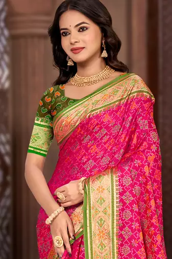 rani pink patola silk blend woven work traditional saree