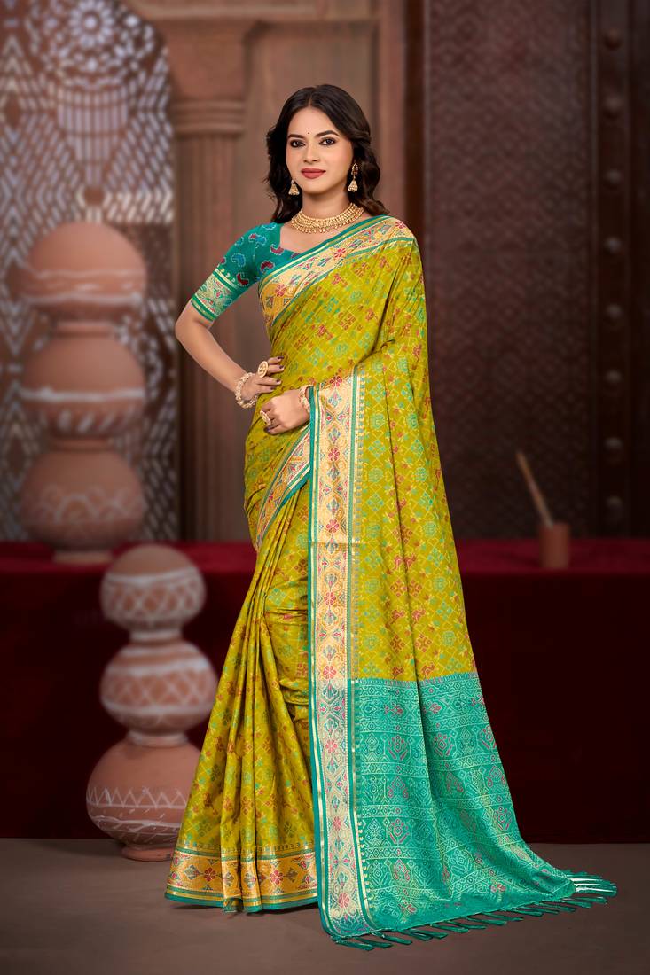 olive mustard patola silk blend woven work traditional saree