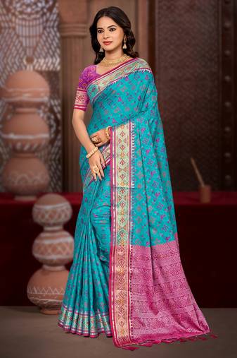 turquoise blue patola silk blend woven work traditional saree