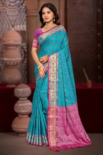 turquoise blue patola silk blend woven work traditional saree
