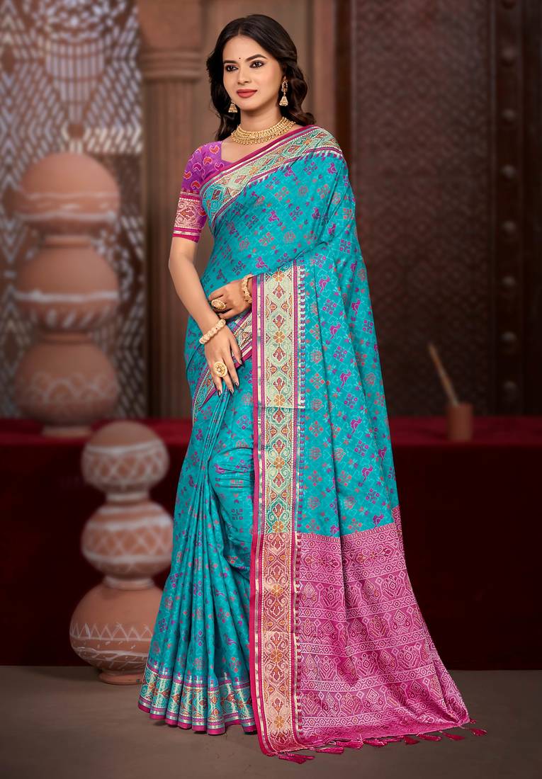 turquoise blue patola silk blend woven work traditional saree
