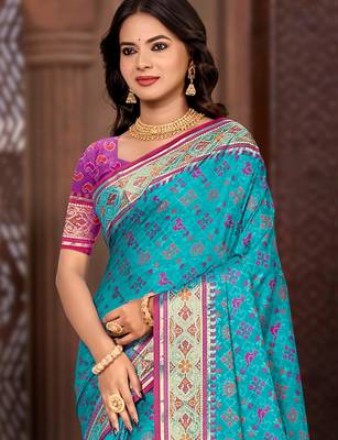 turquoise blue patola silk blend woven work traditional saree 2