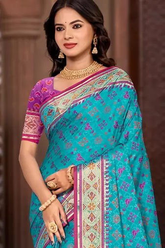 turquoise blue patola silk blend woven work traditional saree