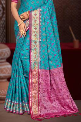 turquoise blue patola silk blend woven work traditional saree 3