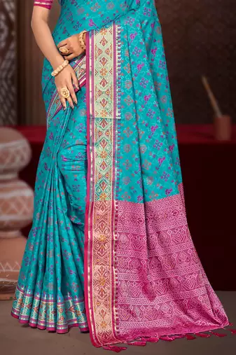 turquoise blue patola silk blend woven work traditional saree