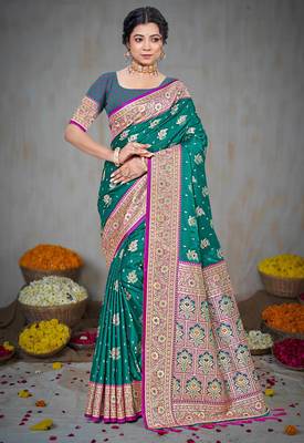 teal green silk blend woven work traditional saree 1