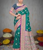 teal green silk blend woven work traditional saree