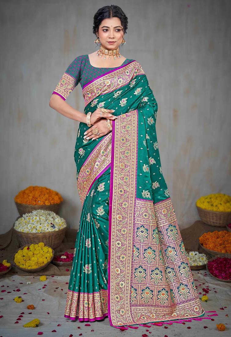 teal green silk blend woven work traditional saree