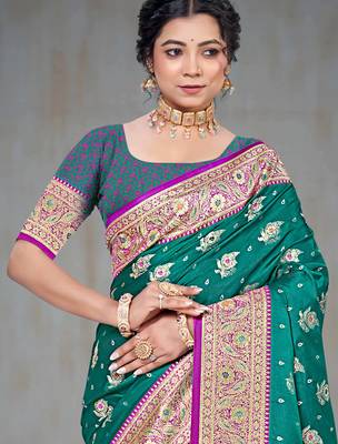 teal green silk blend woven work traditional saree 2