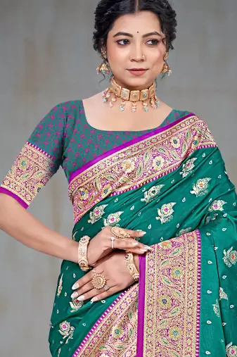 teal green silk blend woven work traditional saree