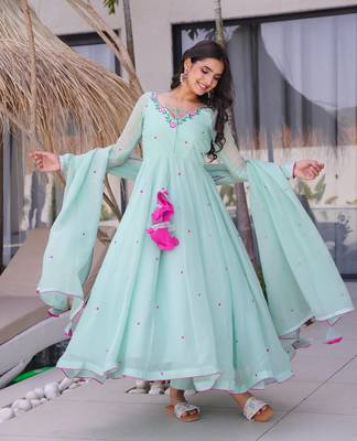 Women's Beautiful Embroidery Work Georgette Fabric Flared Anarkali Pant and Dupatta Set 1