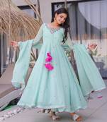 Women's Beautiful Embroidery Work Georgette Fabric Flared Anarkali Pant and Dupatta Set