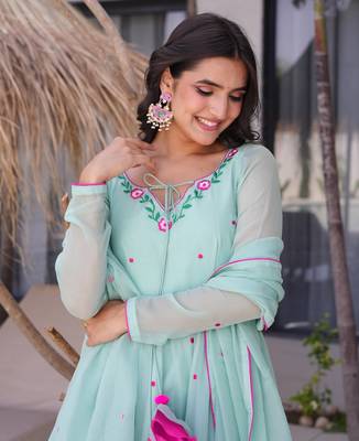 Women's Beautiful Embroidery Work Georgette Fabric Flared Anarkali Pant and Dupatta Set 2