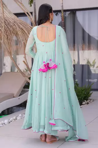 Women's Beautiful Embroidery Work Georgette Fabric Flared Anarkali Pant and Dupatta Set