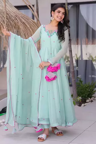 Women's Beautiful Embroidery Work Georgette Fabric Flared Anarkali Pant and Dupatta Set