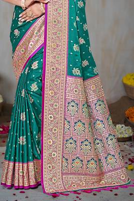teal green silk blend woven work traditional saree 3
