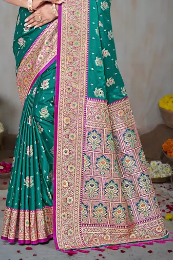 teal green silk blend woven work traditional saree
