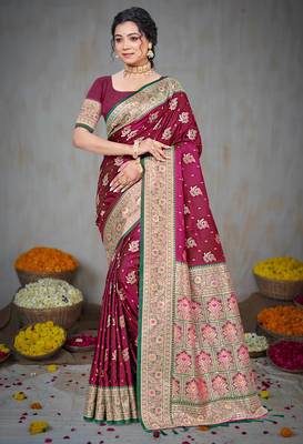 wine maroon silk blend woven work traditional saree 1