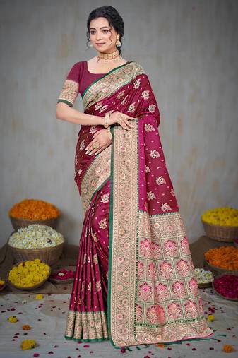 wine maroon silk blend woven work traditional saree