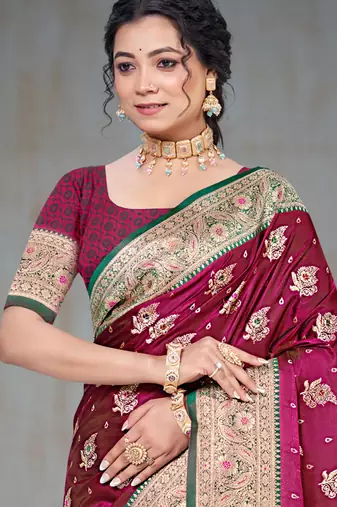 wine maroon silk blend woven work traditional saree