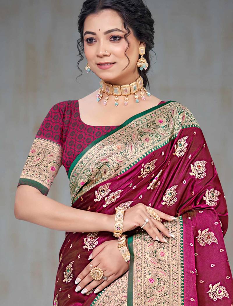 wine maroon silk blend woven work traditional saree