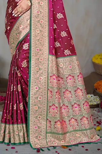 wine maroon silk blend woven work traditional saree