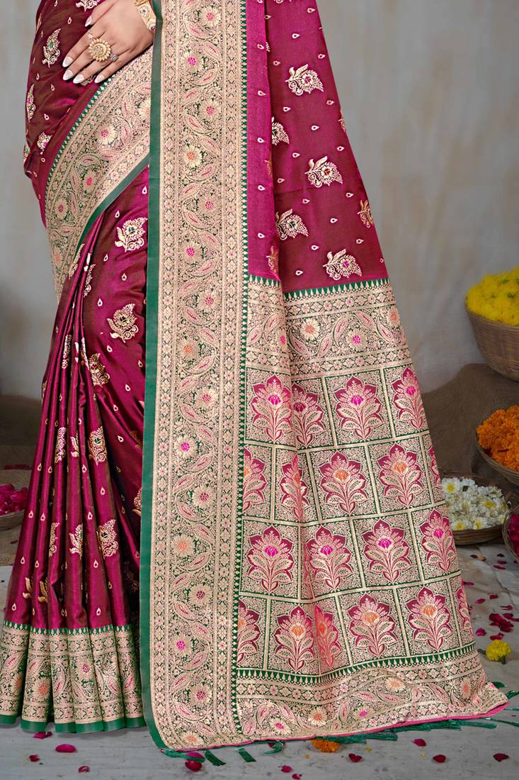 wine maroon silk blend woven work traditional saree