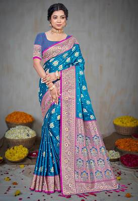 teal blue silk blend woven work traditional saree 1