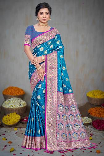 teal blue silk blend woven work traditional saree