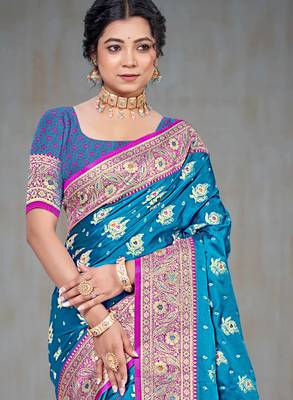 teal blue silk blend woven work traditional saree 2