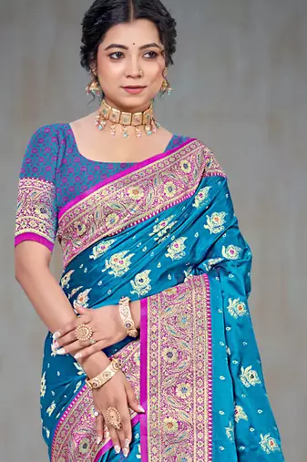 teal blue silk blend woven work traditional saree