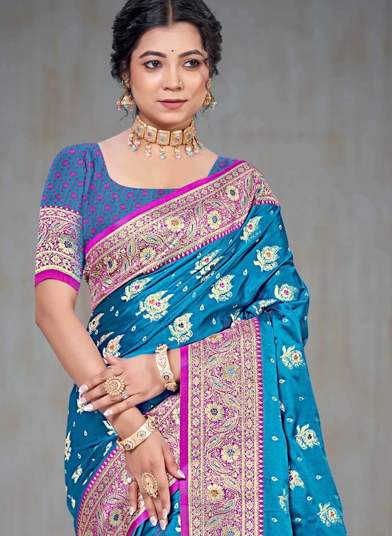 teal blue silk blend woven work traditional saree