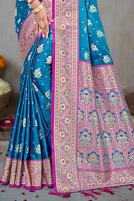 teal blue silk blend woven work traditional saree 3