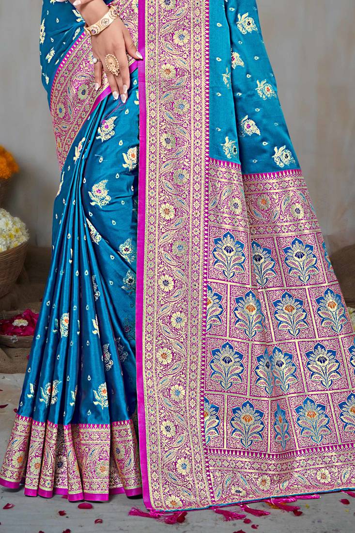 teal blue silk blend woven work traditional saree