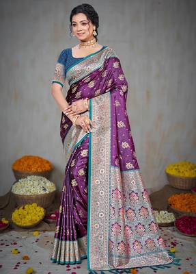wine silk blend woven work traditional saree 1