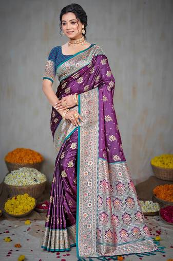wine silk blend woven work traditional saree