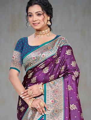 wine silk blend woven work traditional saree 2