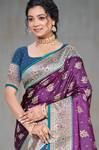 wine silk blend woven work traditional saree