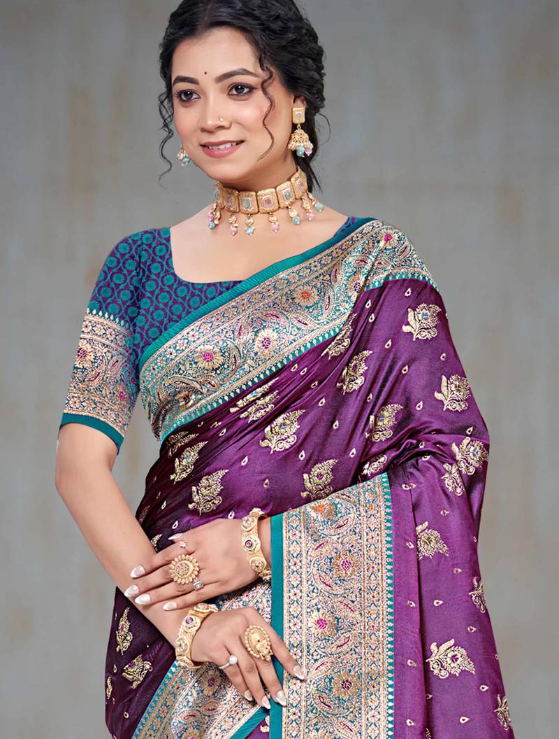 wine silk blend woven work traditional saree