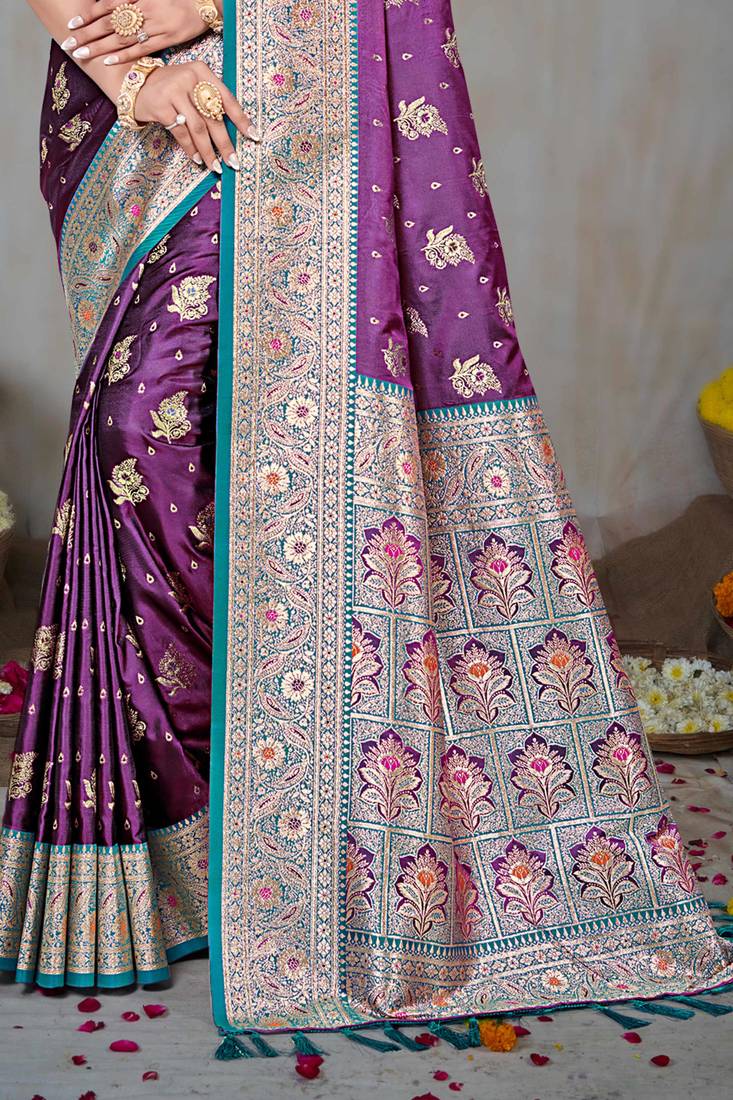 wine silk blend woven work traditional saree