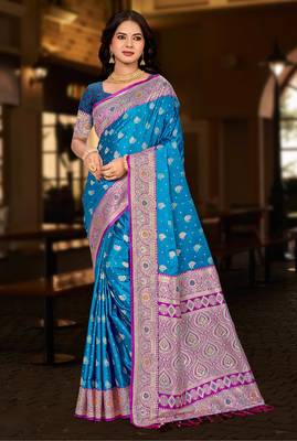 bright blue silk blend woven work traditional saree 1