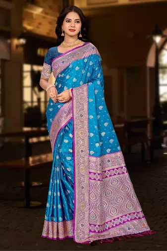 bright blue silk blend woven work traditional saree