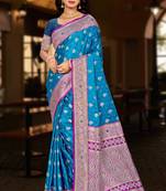 bright blue silk blend woven work traditional saree